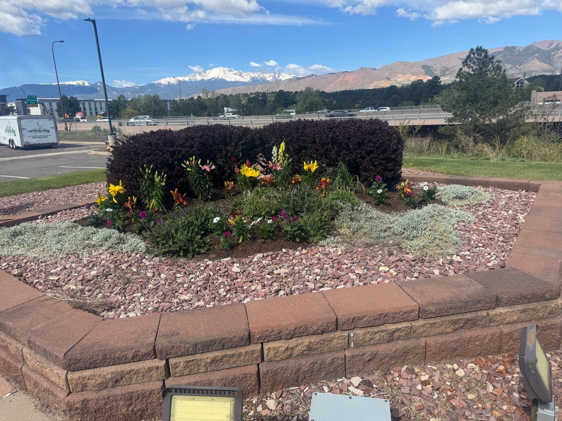 A flower bed with dark purple bushes and colorful flowers, bordered by brick and gravel, with mountains in the background.