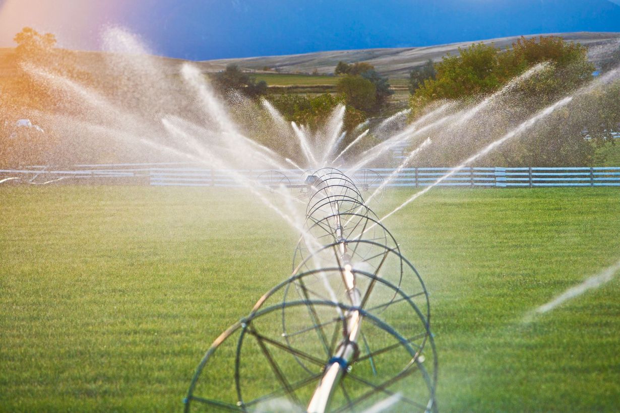 A center-pivot irrigation system spraying water over a green field on a sunny day; in the background are hills.