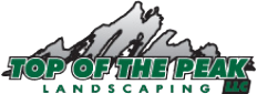 Logo for "Top of the Peak Landscaping LLC": gray mountain outline above green text on a white background.