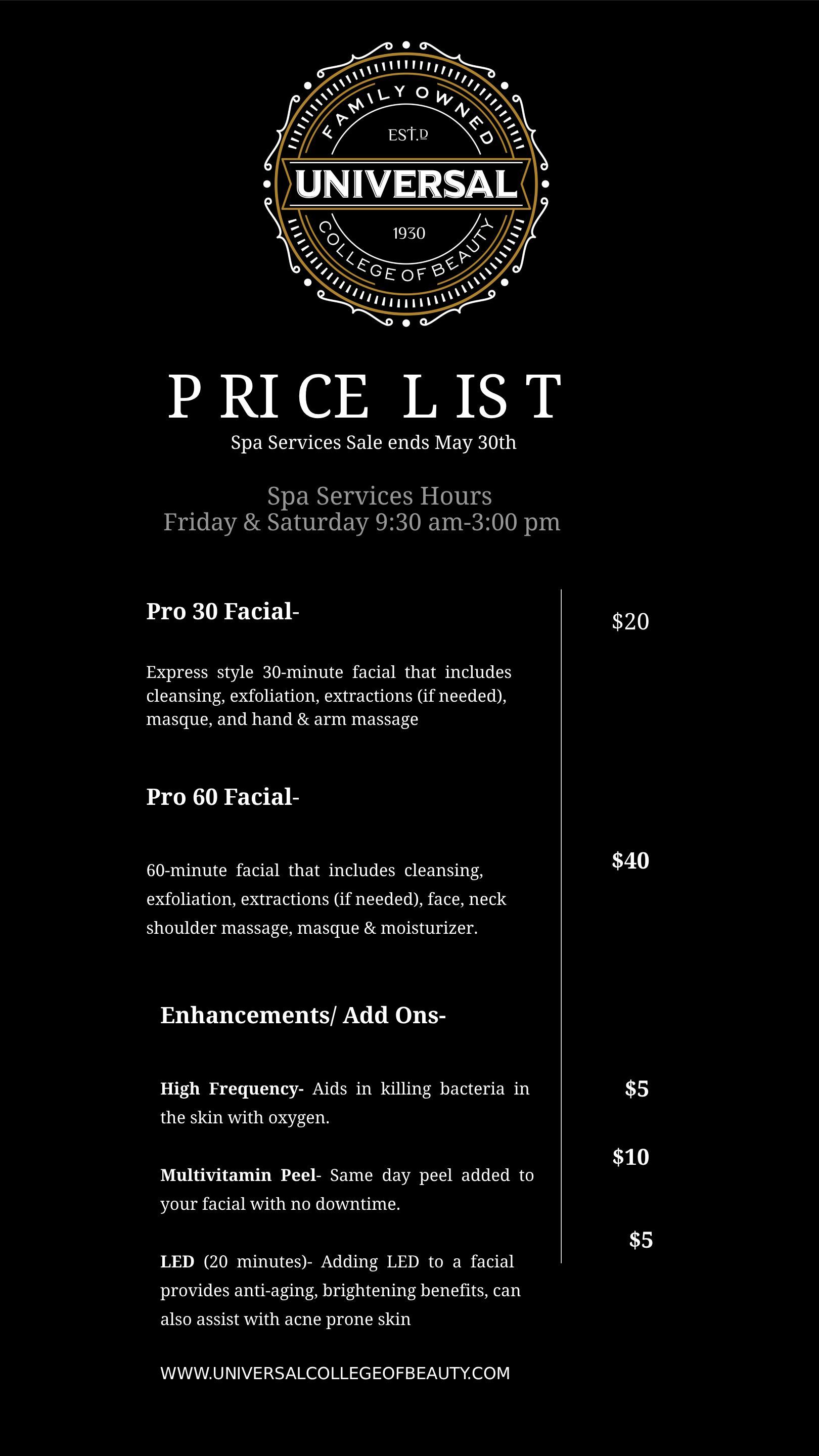 Spa Price List