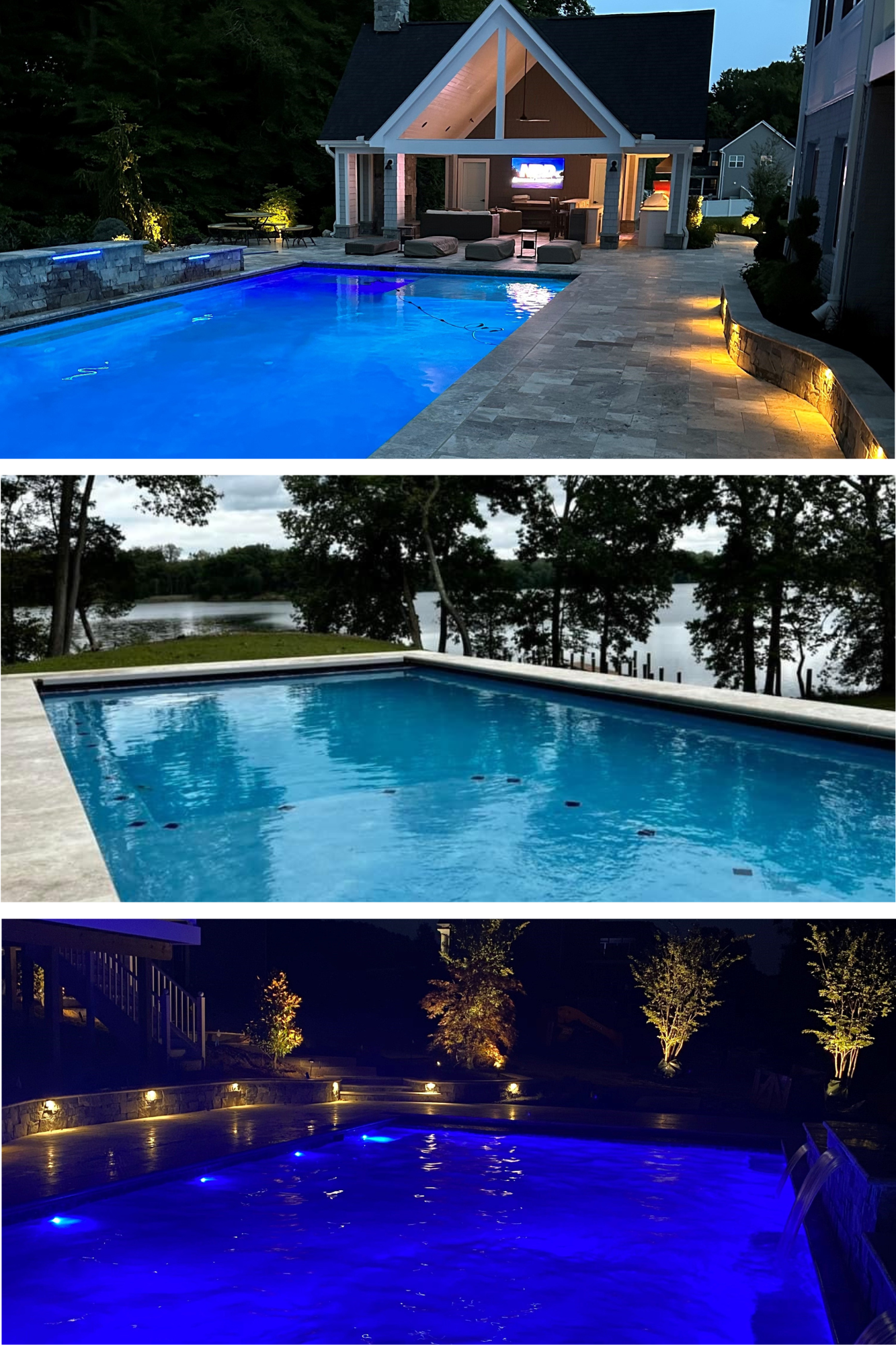 A collage of three pictures of a swimming pool at night.