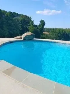 there is a large rock in the middle of the pool