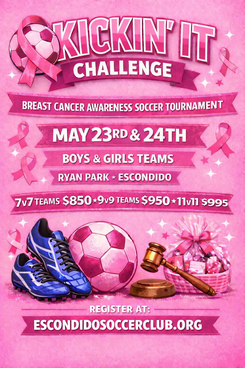 Pink poster for a breast cancer awareness soccer tournament in Escondido, May 23-24. Shows soccer ball, cleats, ribbon, and auction items.