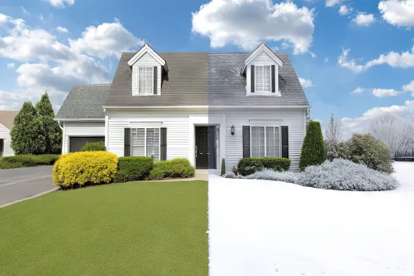 House with split lawn: green grass on left, snow-covered yard on right under a cloudy sky