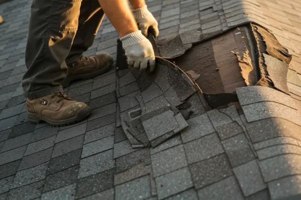 Worker repairing damaged roof shingles with a hammer and pry bar