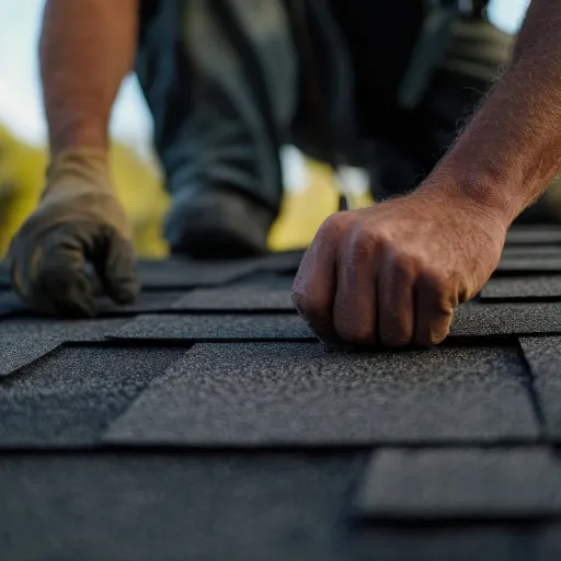 Hands installing dark roof shingles on a rooftop