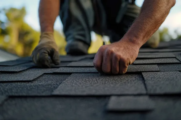 Hands laying dark gray roof shingles on a rooftop.