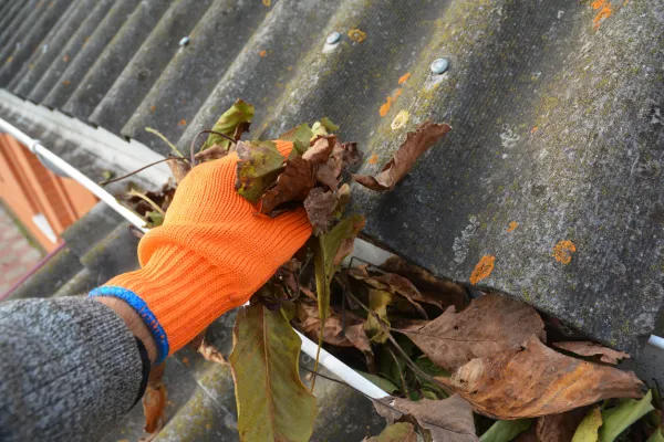 Gloved hand clearing leaves from a gutter on a roof edge