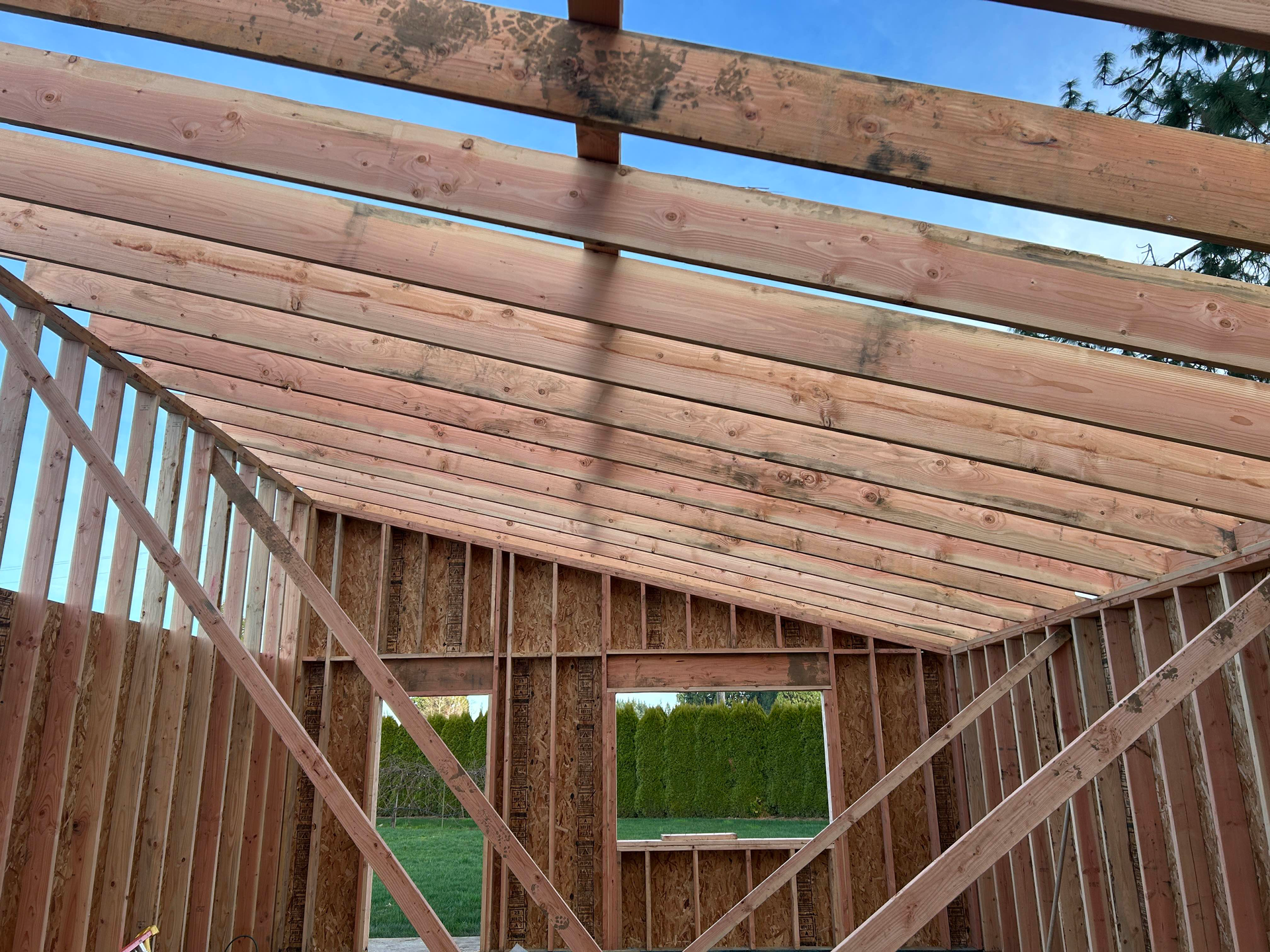 Wooden roof framing and slanted beams over a partially built structure, with green fields visible through openings