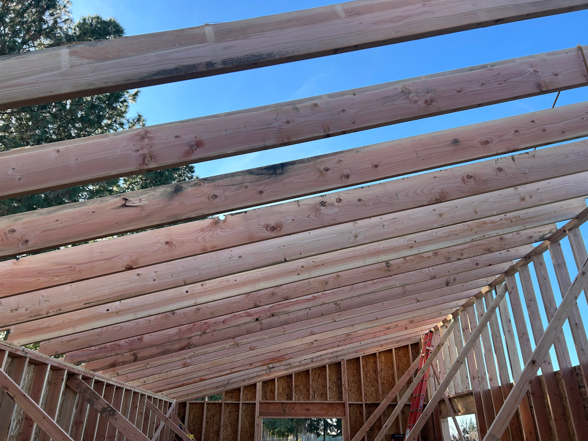 Wooden deck framing with joists and roof beams under a blue sky