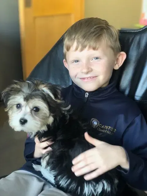 Boy in blue jacket holding a black and white fluffy dog, smiling.