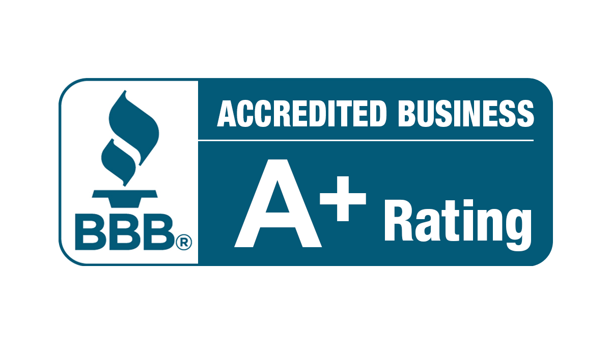 BBB Accredited Business A+ Rating logo on a blue and white badge