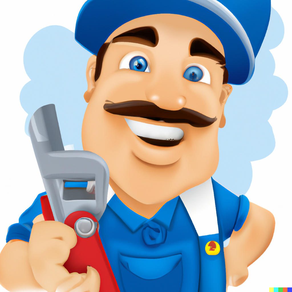 Cartoon mechanic in blue uniform holding a red wrench, smiling in front of a light blue background