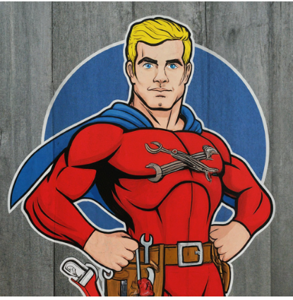 Cartoon blond superhero in a red suit standing hands on hips against a blue circle background