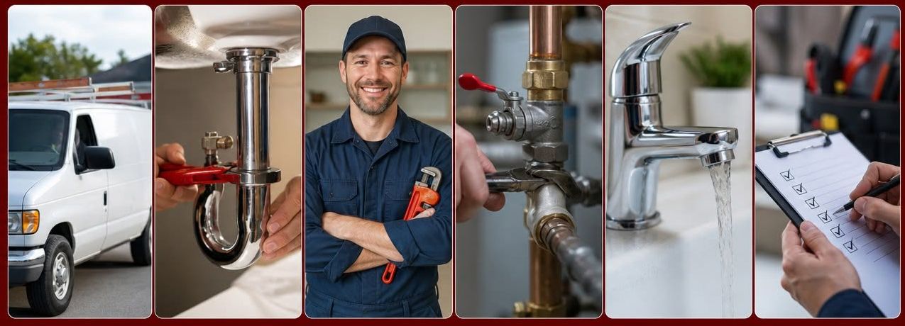 Composite of plumber in truck, drain and pipe repairs, smiling technician, faucet, and clipboard inspection
