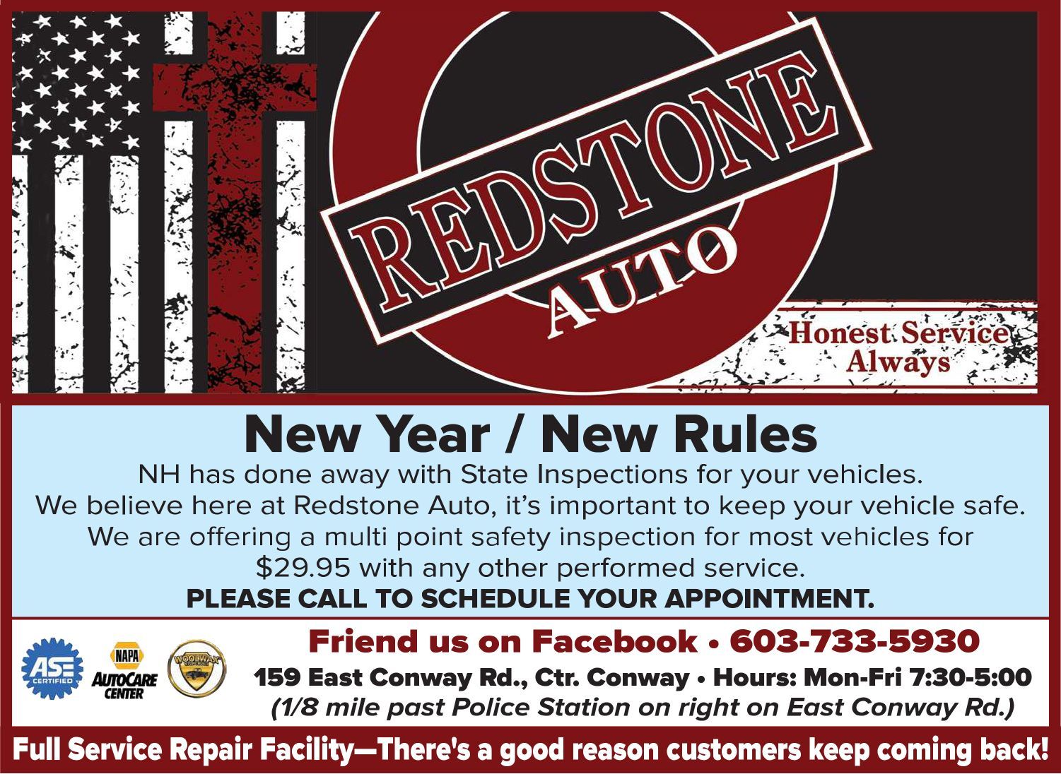 Promotional image for Redstone Auto with a bold logo, American flag background, offering vehicle safety inspections for $29.95. Emphasizes service quality.