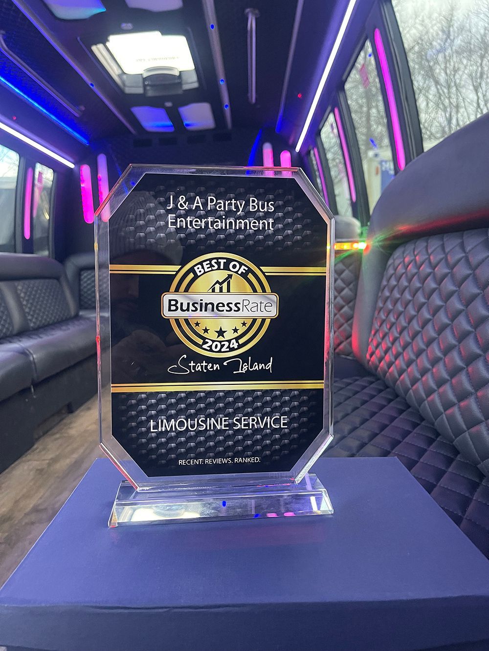 Award in a party bus interior.