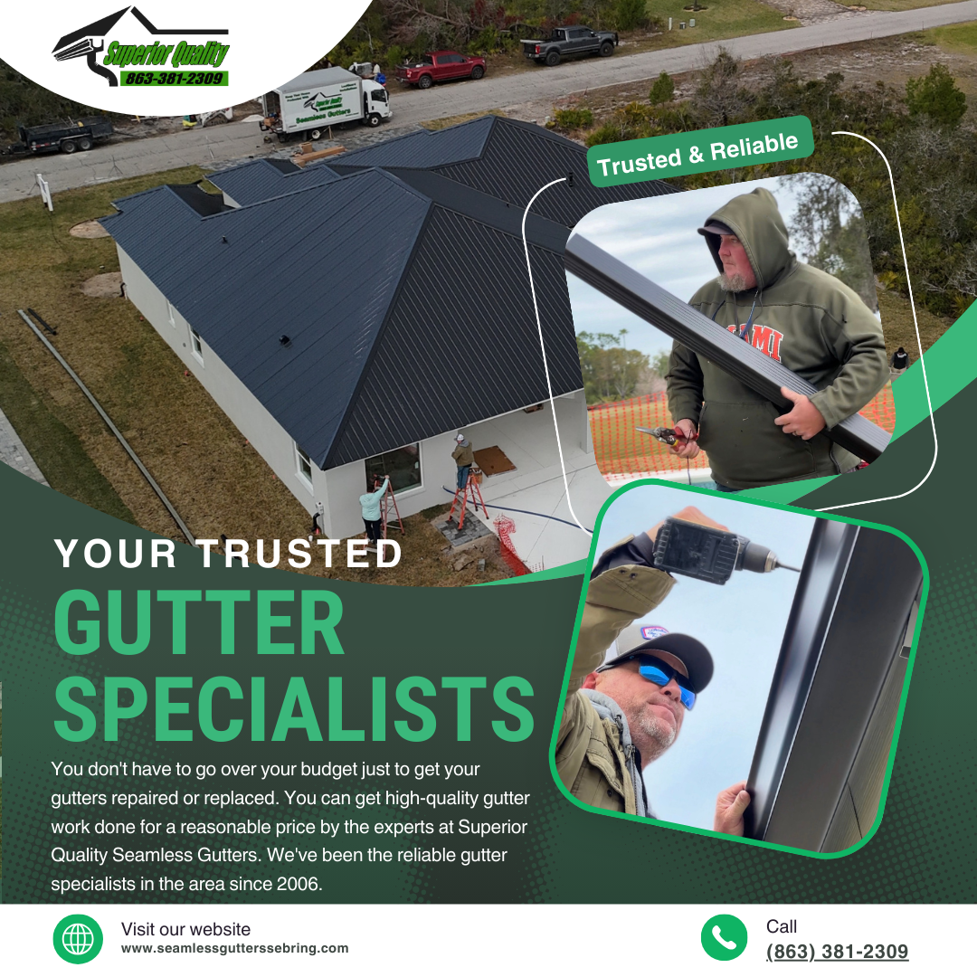 An advertisement for gutter specialists shows a man working on a gutter