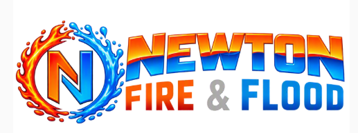 Newton Fire & Flood logo in orange, blue, and red with flame and water icons
