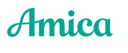 Turquoise Amica logo in cursive script