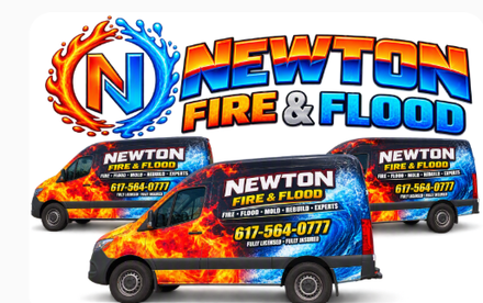 Newton Fire & Flood logo with three branded vans in orange, blue, and red flames