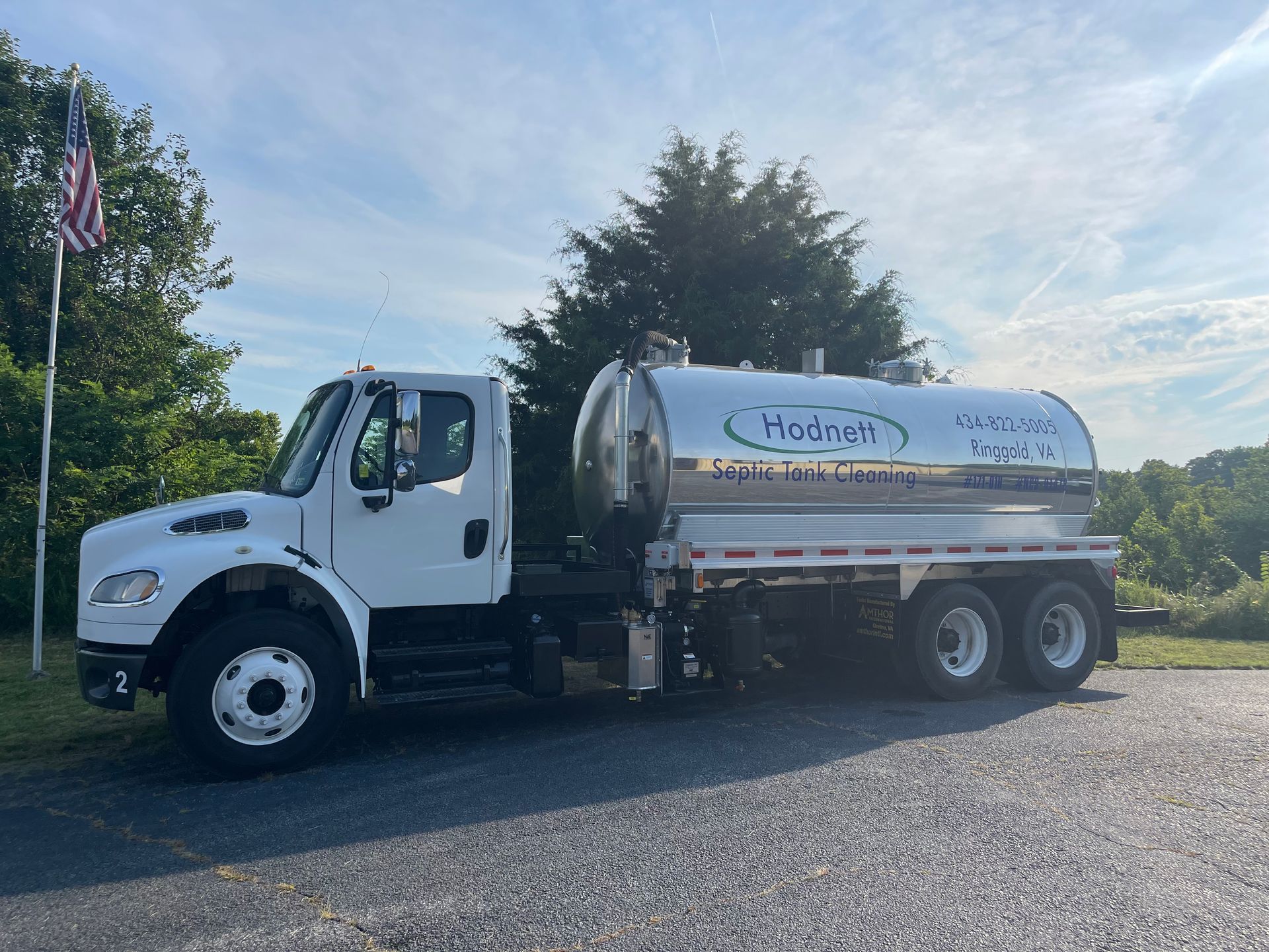 White milk tanker truck parked on a paved area; American flag in background.