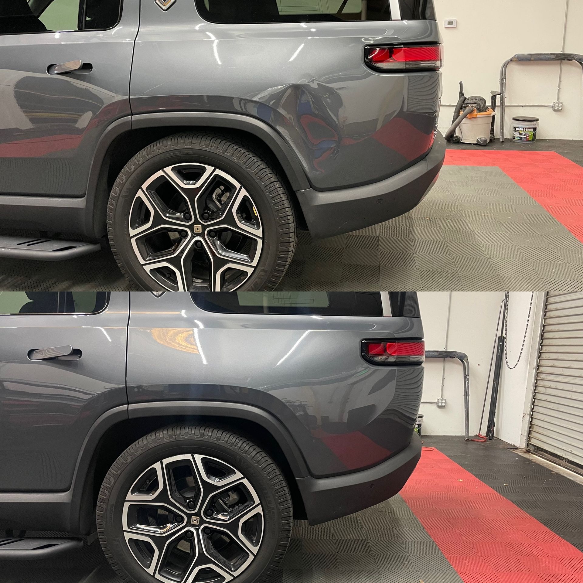Before and after Rivian paintless dent repair in Hoover, AL