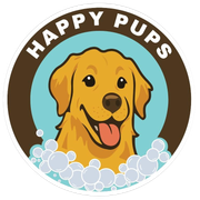 Happy Pups logo with a smiling golden retriever in bubbles on a brown circle