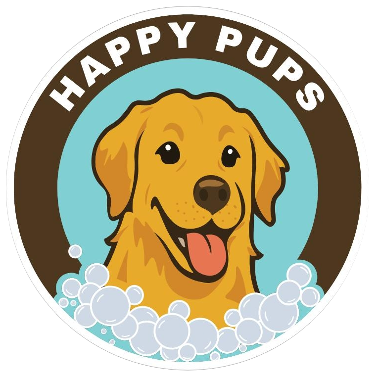 Happy Pups logo with a smiling golden retriever in bubbles on a brown circle