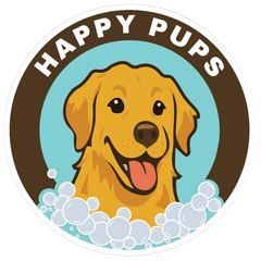Happy Pups logo with a smiling golden retriever in bubbles on a brown circle