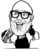 Bald man with glasses and beard holds taco, gives thumbs up.
