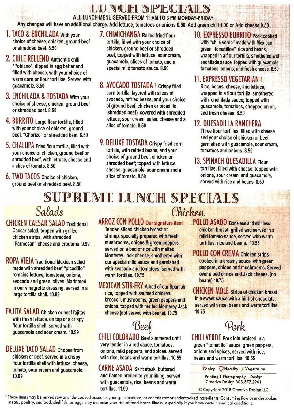 Lunch Specials Menu