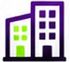 Stylized purple and green building icon with windows and a doorway.