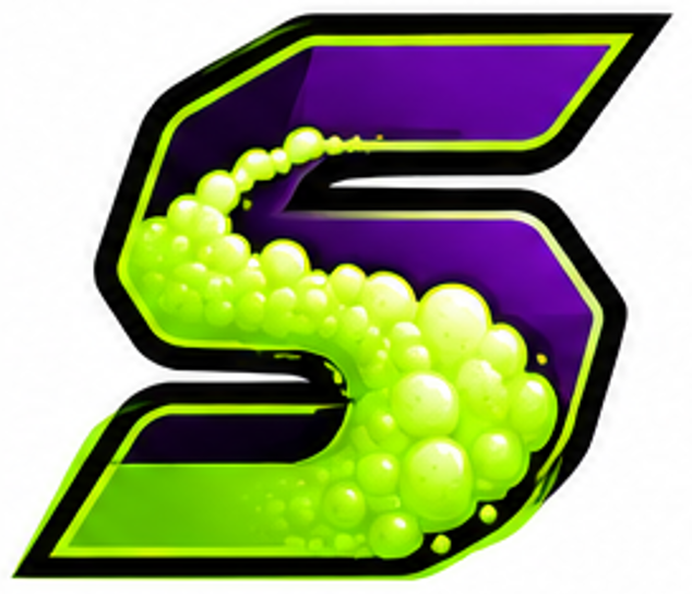 Stylized neon green and purple letter S with glowing bubble-like spheres