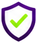 Purple shield with a green check mark icon.