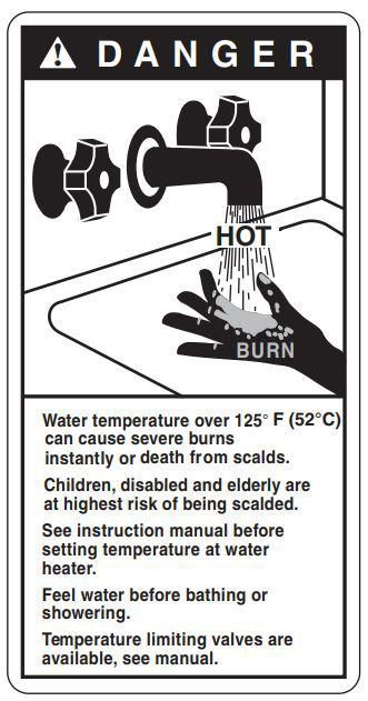 a danger sign that says water temperature over 125 degrees F