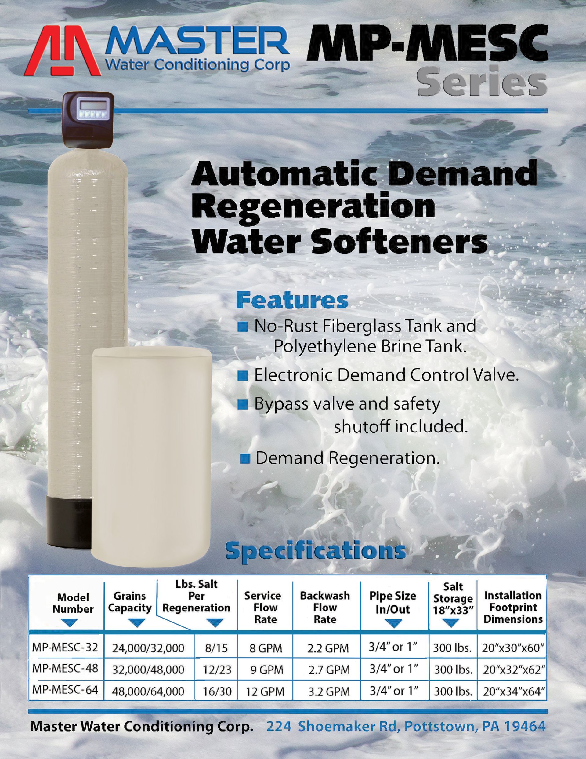 A brochure for a master mp-mesc series automatic demand regeneration water softeners.