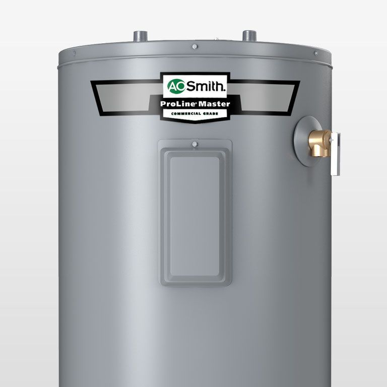 A gray ac smith water heater is sitting on a white surface