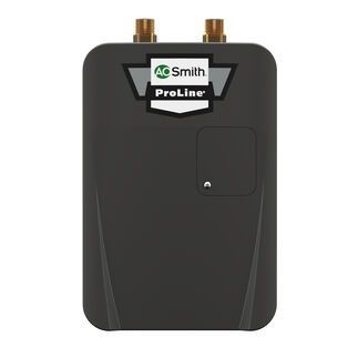 A black ao smith proline water heater on a white background.