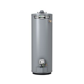 A gray gas water heater on a white background.