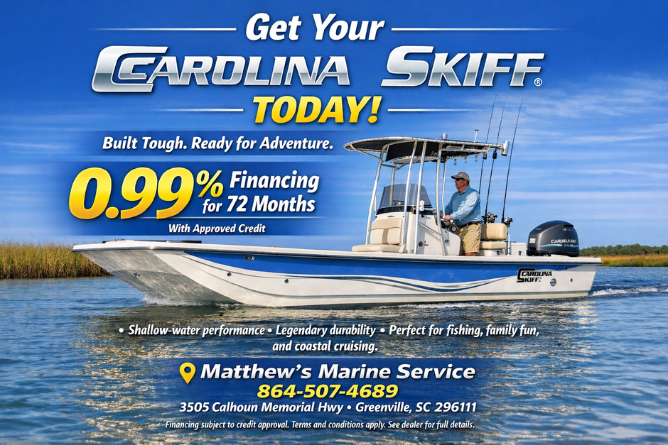 Carolina Skiff boat advertisement. Offers 0.99% financing for 72 months. Includes dealer contact information.