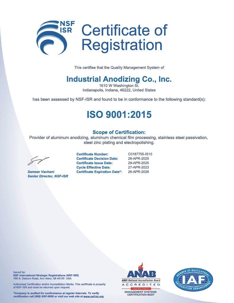 A certificate of registration for industrial anodizing co. inc.