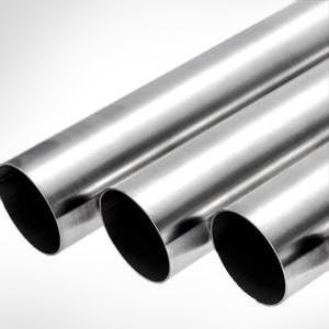 Three shiny stainless steel pipes on a white background
