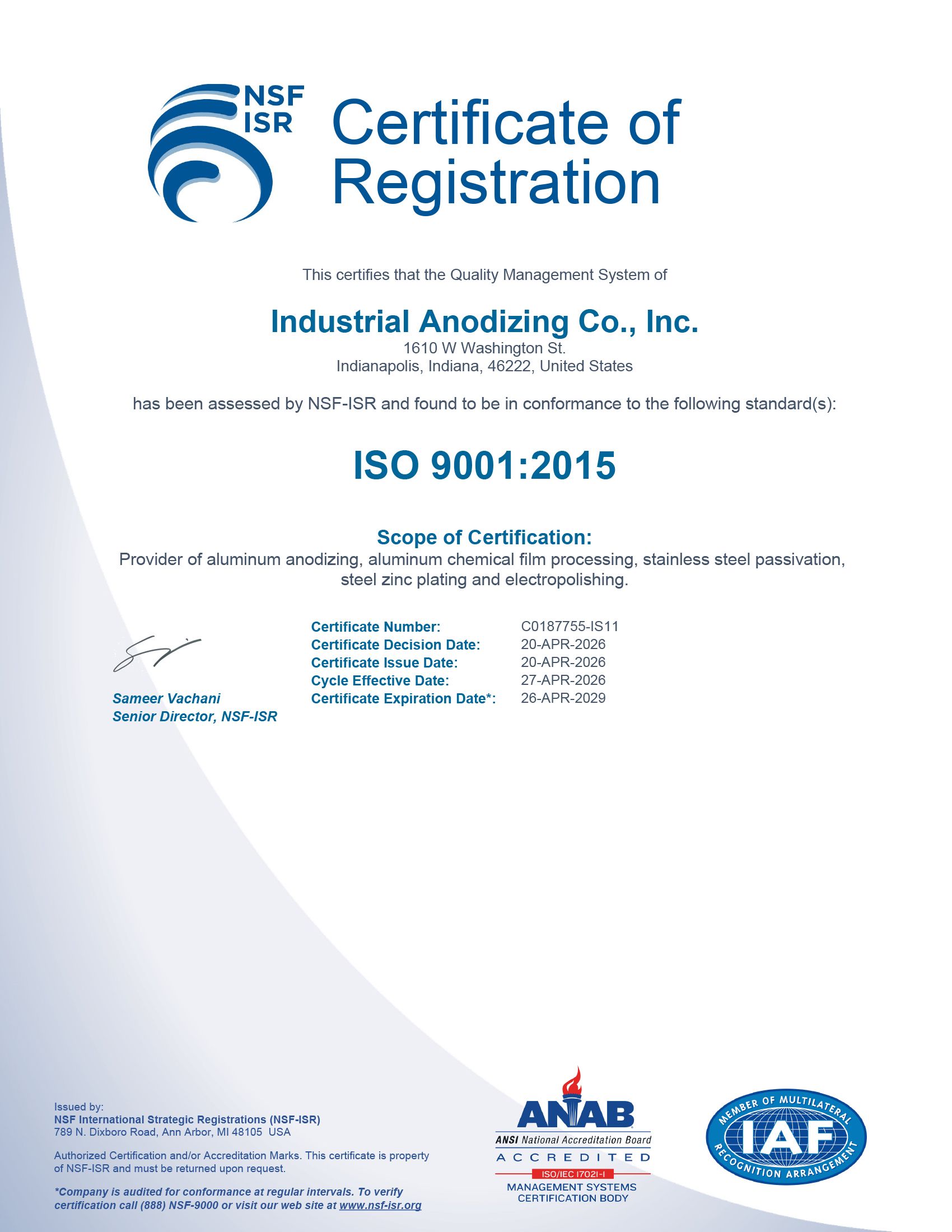 A certificate of registration for industrial anodizing co. inc.
