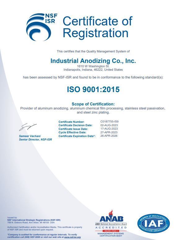 A certificate of registration for industrial anodizing co. inc.