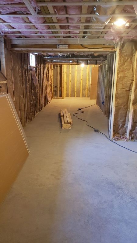 Unfinished basement with exposed studs, insulation, concrete floor, and a work light at the far end.