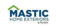 Mastic Home Exteriors logo with green roof icon and blue text on white background