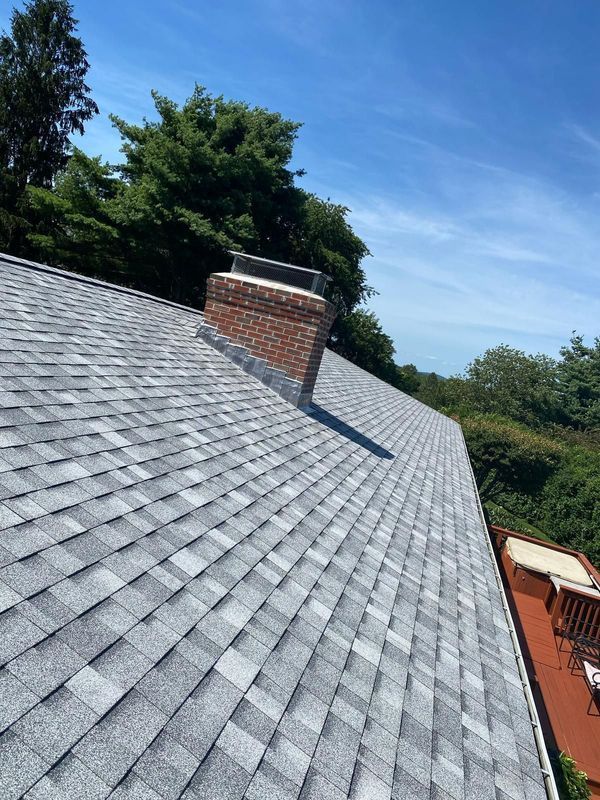 Gray shingled roof with red brick chimney under a blue sky, with trees in the background