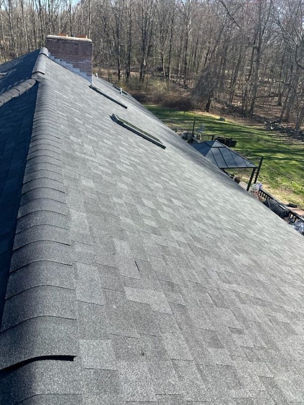 Dark gray shingled roof with a chimney, viewed from the ridge over wooded backyard scenery