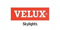 VELUX Skylights logo: red wordmark with black “Skylights” text below